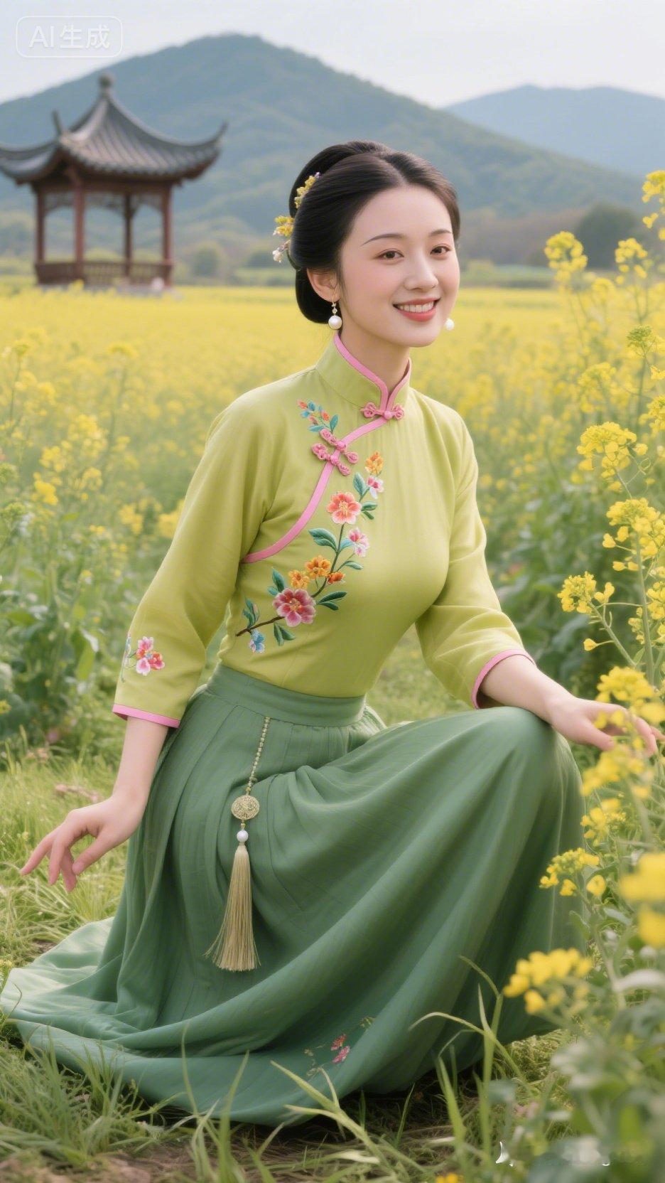 一个穿旗袍的姑娘在花田里微笑。