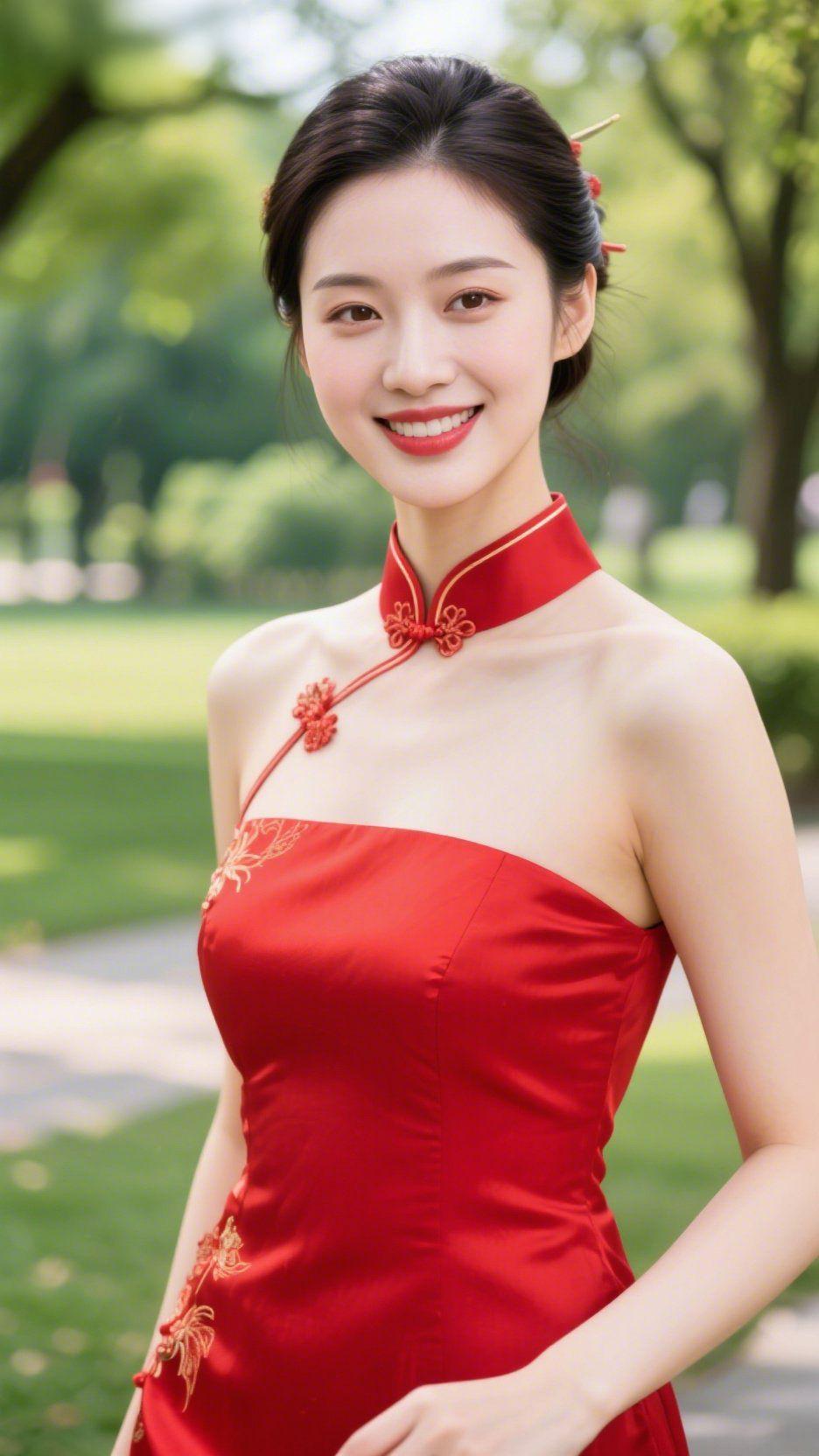 《红缎翠间裹柔韵》
 
园风携着草木清柔掠过小径，正红缎面似揉开的霞，金纹与盘扣