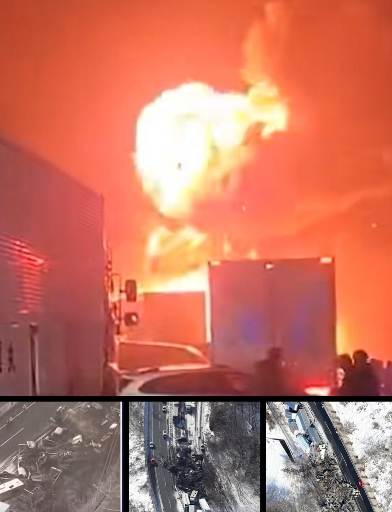 日本群马县水上町关越自动车道下行线在12月26日晚间突发特大事故。50余辆车连环