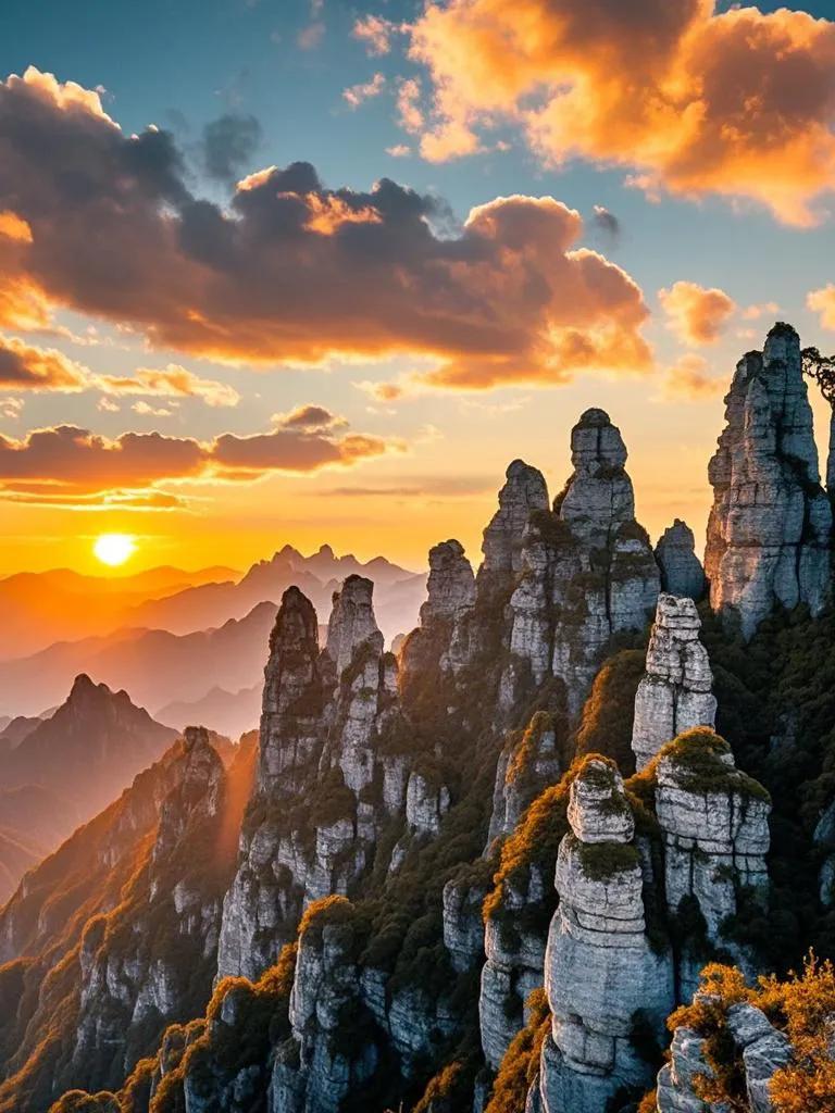 当夕阳西沉，白石山天空成绚烂火海，云霞幻化成龙舞凤飞，峰林披金缕衣，美至极致令人