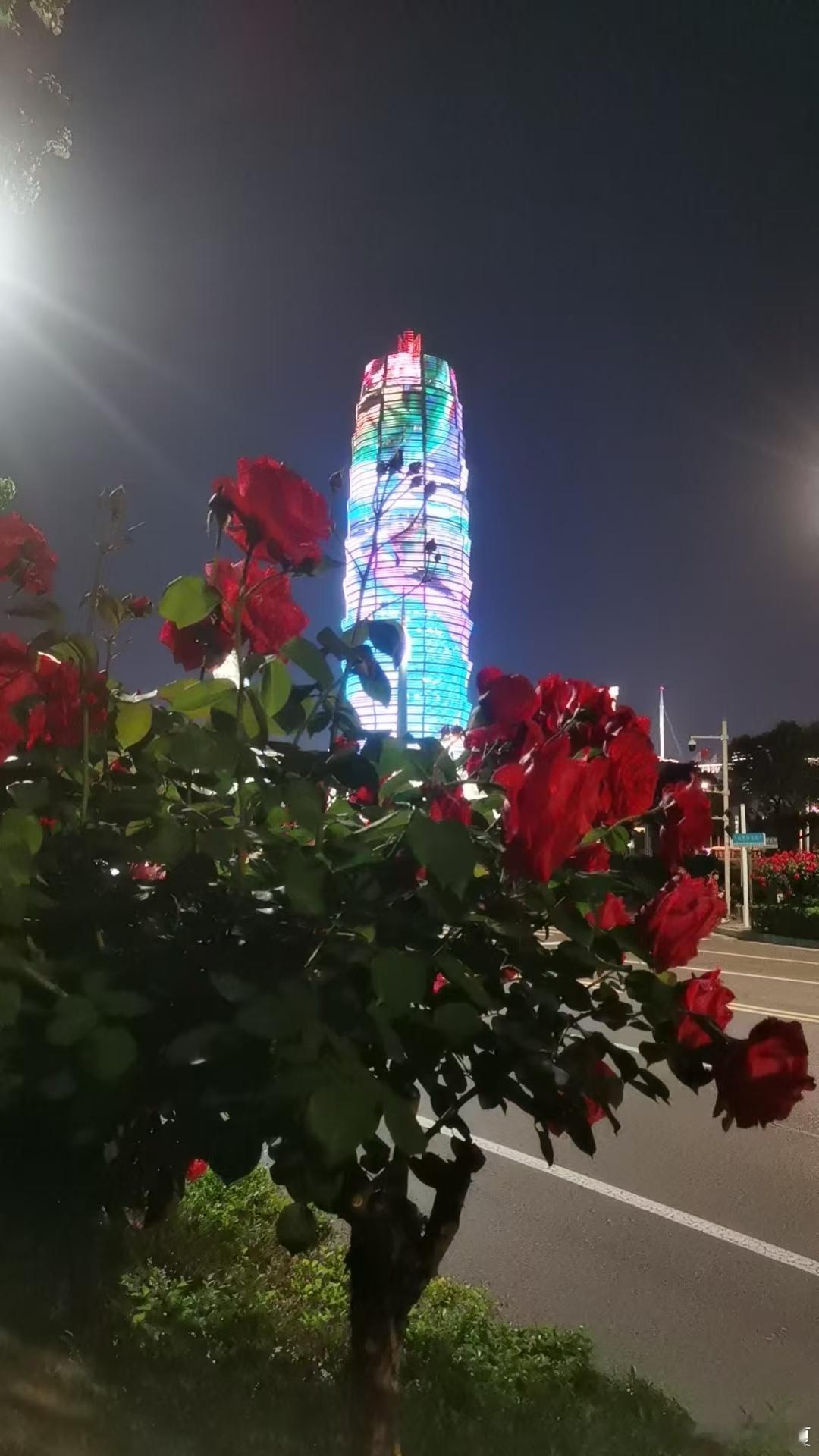 夜幕垂落，郑州CBD的大玉米楼通体鎏金，暖黄与彩光交织，在如意湖面投下流动的倒影