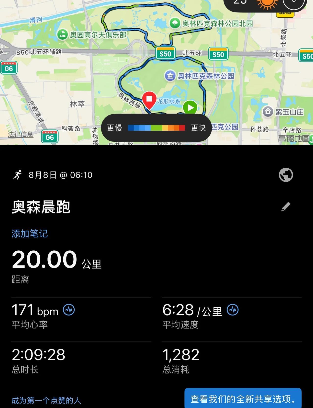 奥森晨跑慢跑20km｜8月8日 发发发发
今天温度好舒服呀
一个人6‘30全程巡