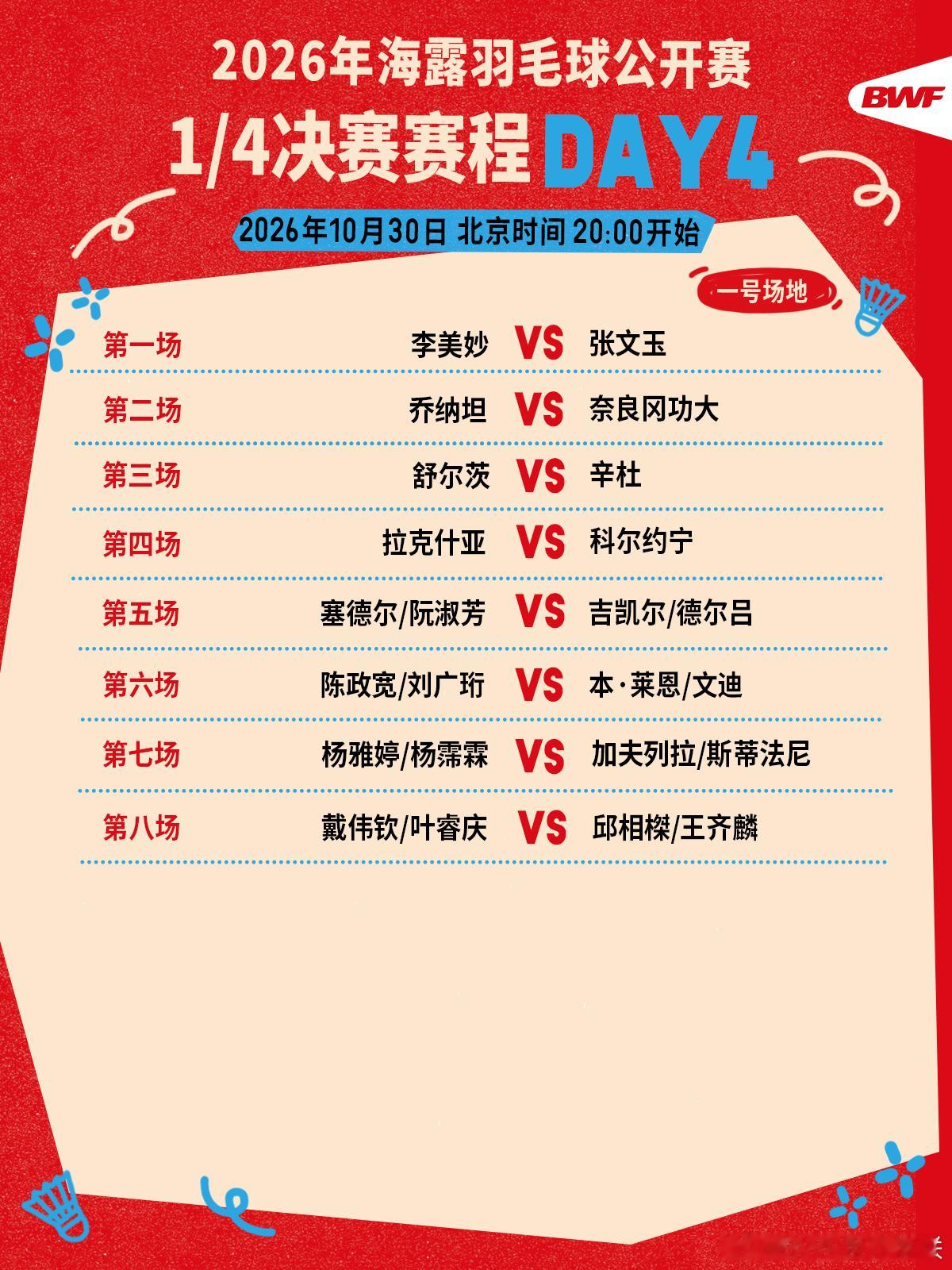 2026年海露羽毛球公开赛 1/4决赛赛程🔥第四日赛程 晚上八点开打🏸焦点战
