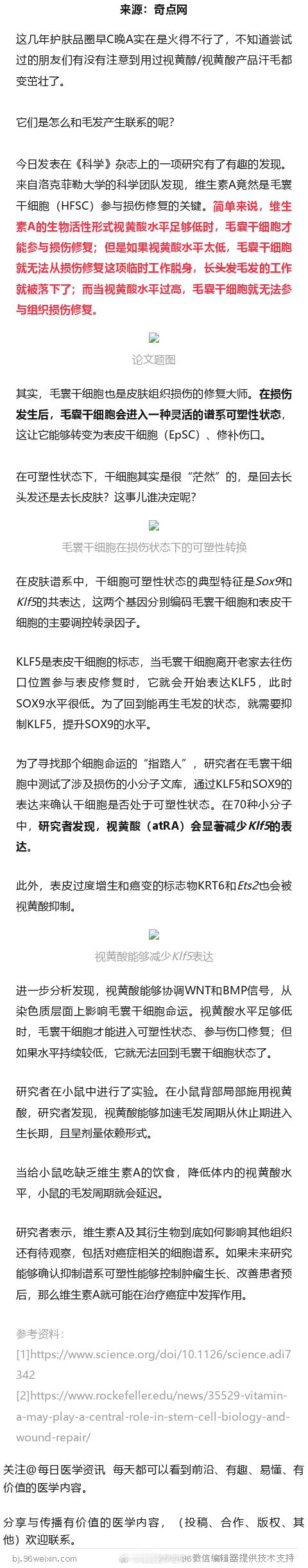 《科学》：长疤还是长毛，得看VA！科学家发现，维生素A在毛囊干细胞修复伤口的过程