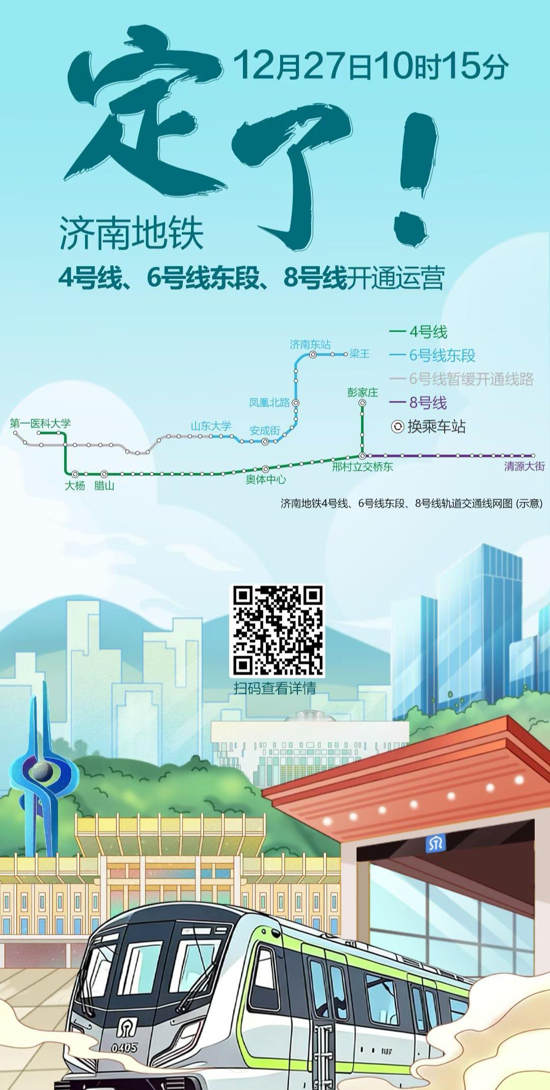 济南地铁四号、六号、八号三线齐发
2025年12月27日10：15开通运营