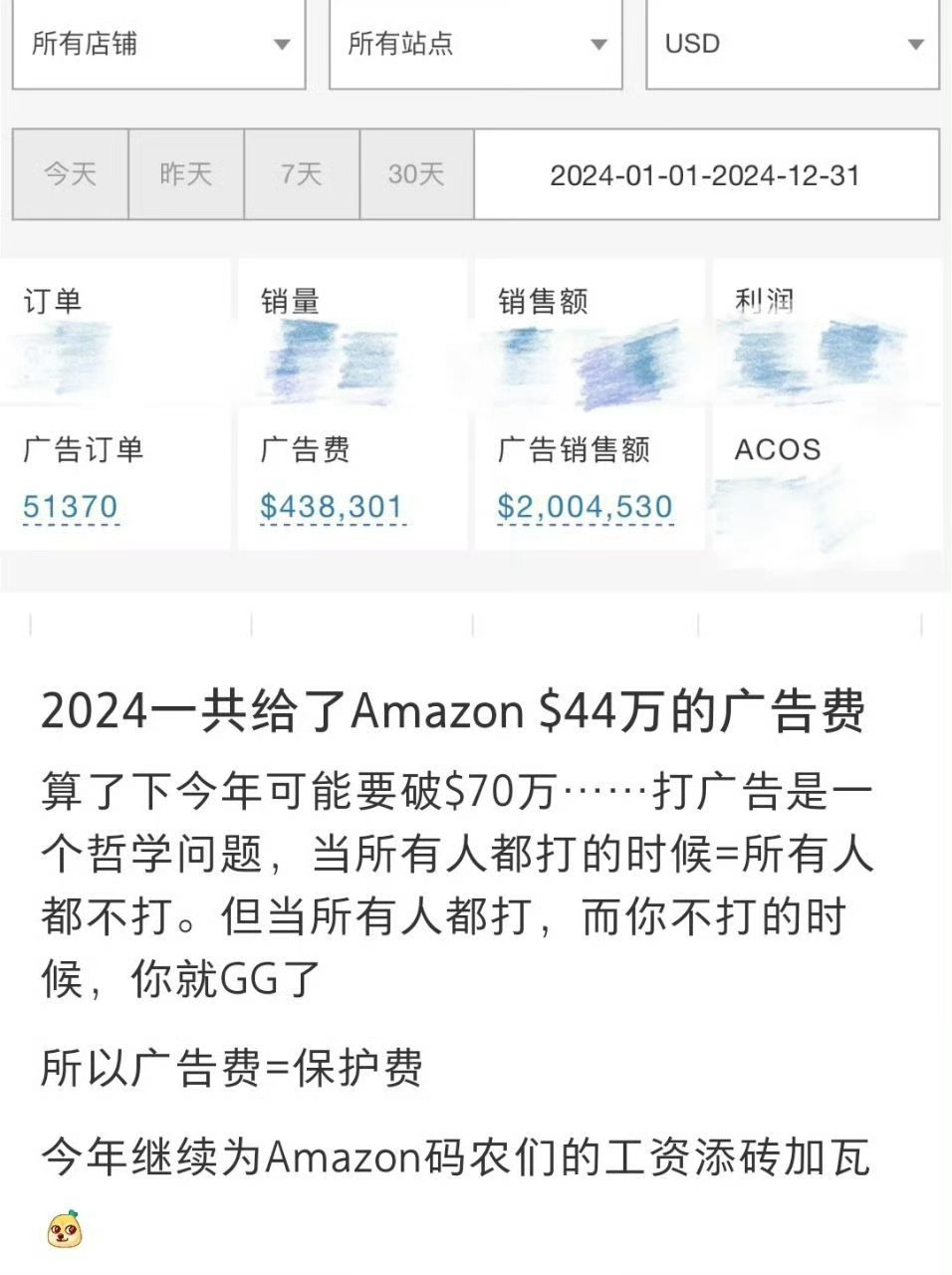 亚马逊广告费这么高？每年光靠商家们的广告费就赚翻啊。打广告是一个哲学问题，当所有