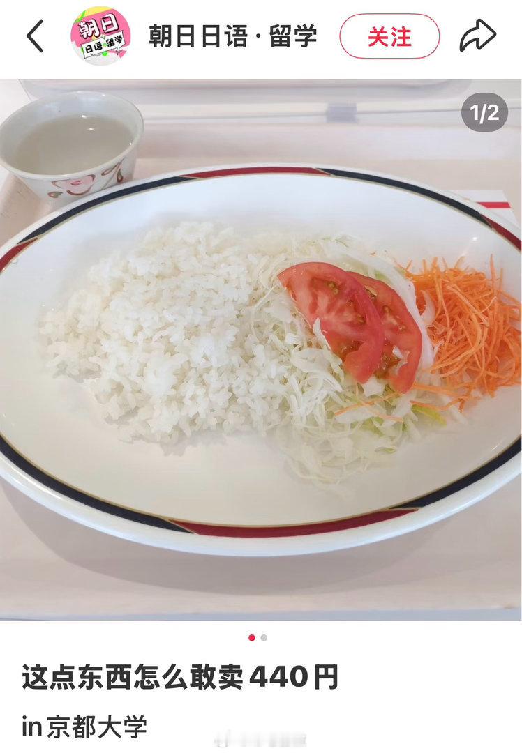 留子吃的京都大学食堂的健康时蔬套餐，一份440日元（约19元）。确实挺“健康的”