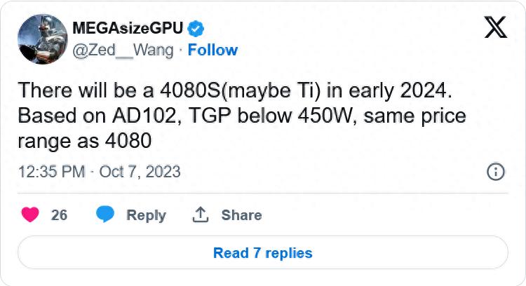 【英伟达将对RTX 4080大降价】此前有爆料指出，英伟达2024年初推出新款G