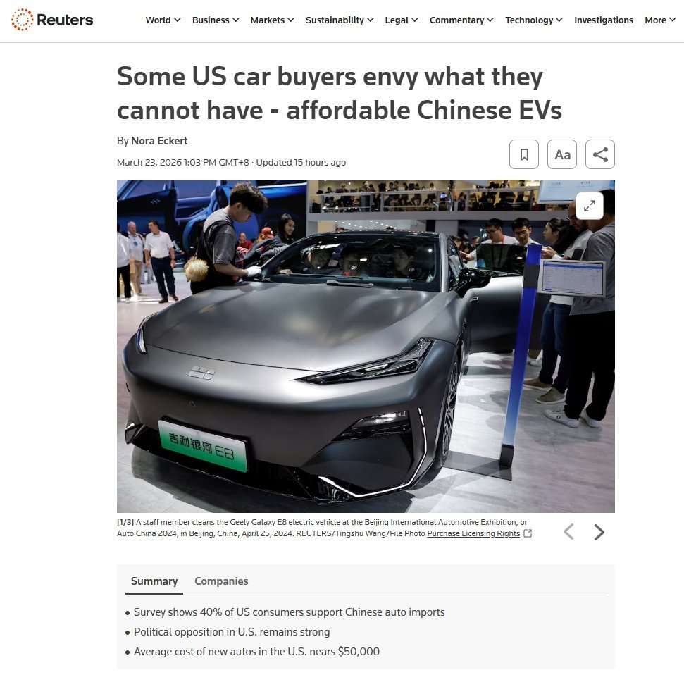 路透：40%的美国消费者愿意购买东大新能源车，但是买不到 帝国主义追求的就是垄断