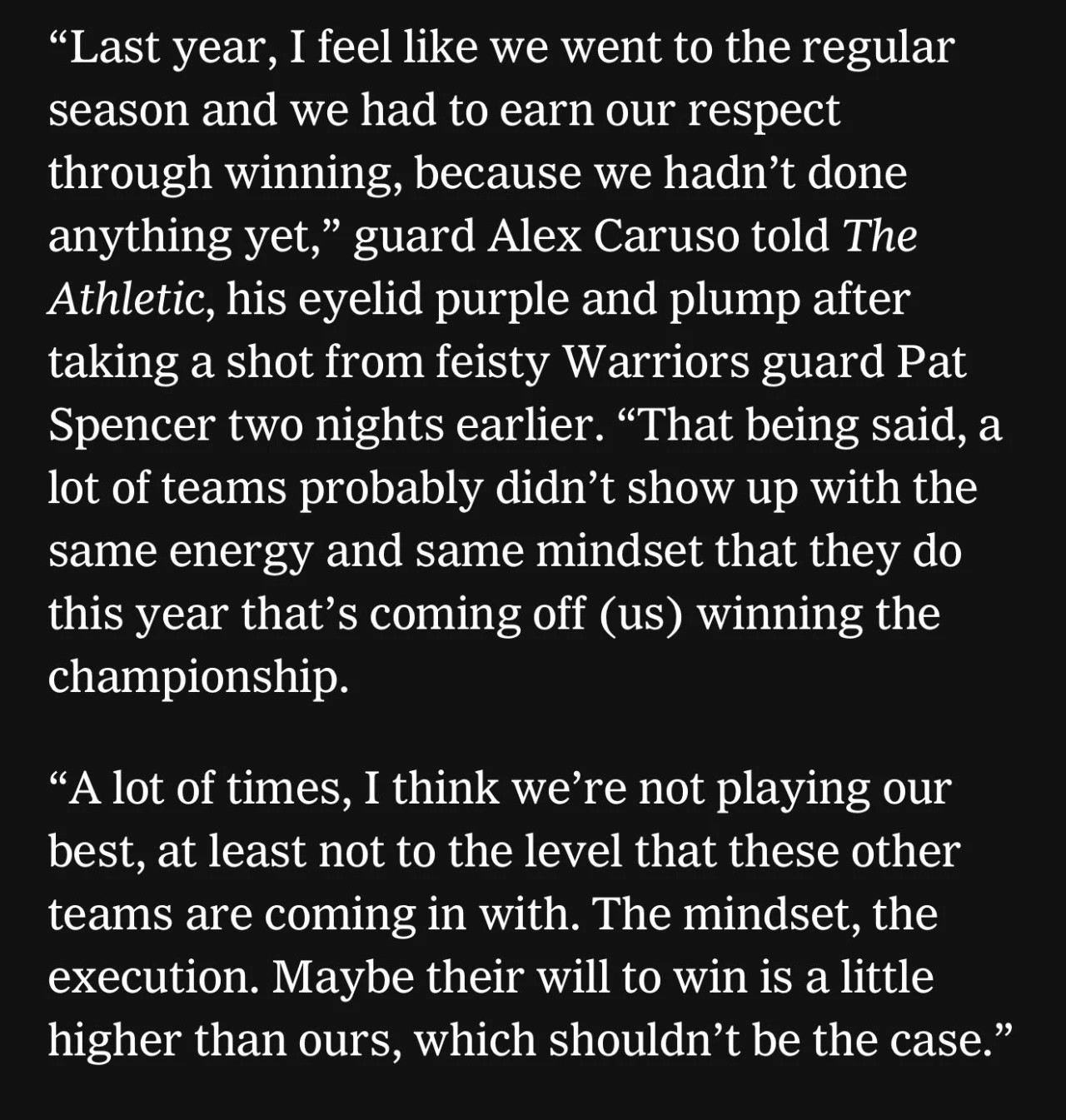 前雷霆跟队记者JL分享了近期卡鲁索的一则采访，他评价了雷霆最近的表现：“去年，我