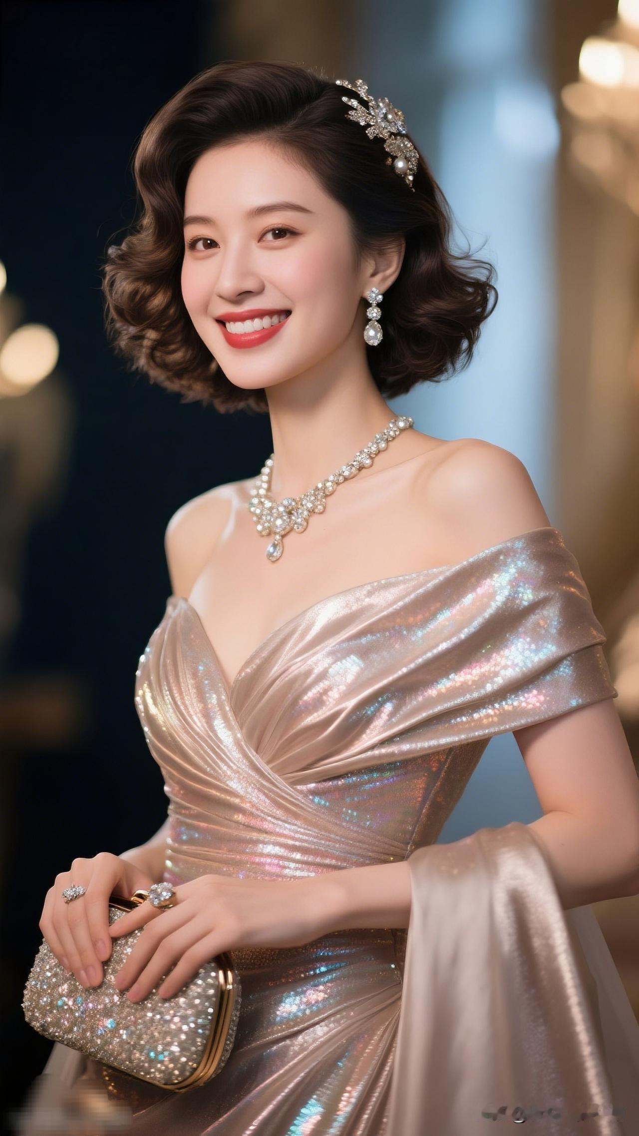 优雅复古的晚宴造型，闪耀的珍珠项链和耳环，搭配华丽的礼服，尽显高贵气质。光影的美