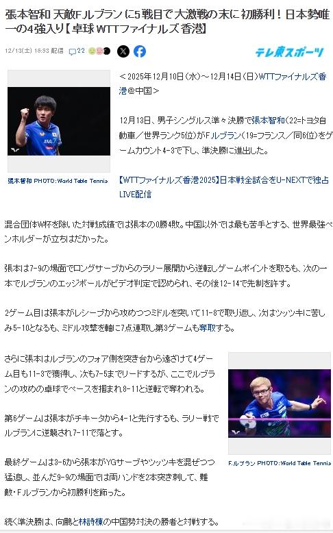 wtt年终总决赛25张本智和 【日媒】《张本智和五战老对手 F・勒布伦 鏖战终取