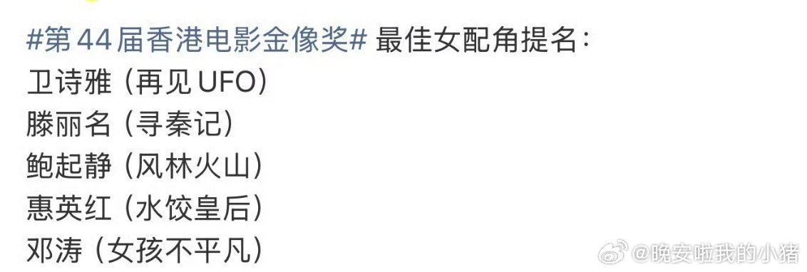 金像奖女配提名没有杨幂赵丽颖