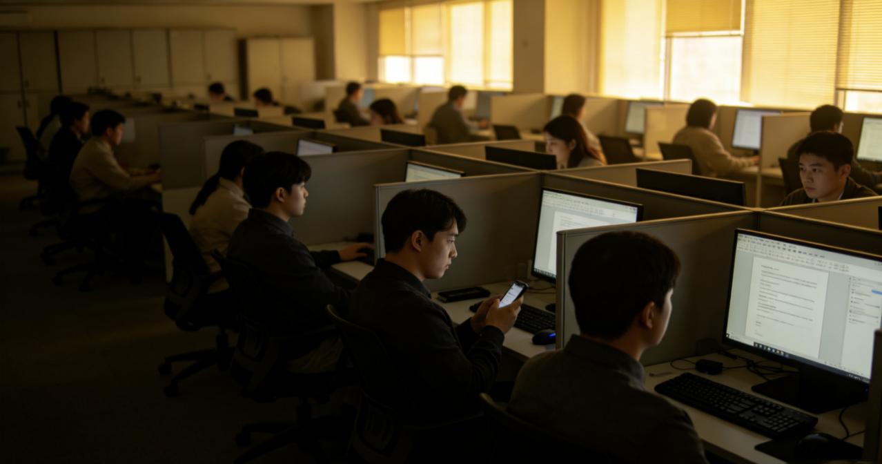 部门每天下午五点下班，但没人走。大家都在工位上坐着，刷手机、发呆、假装看文档。