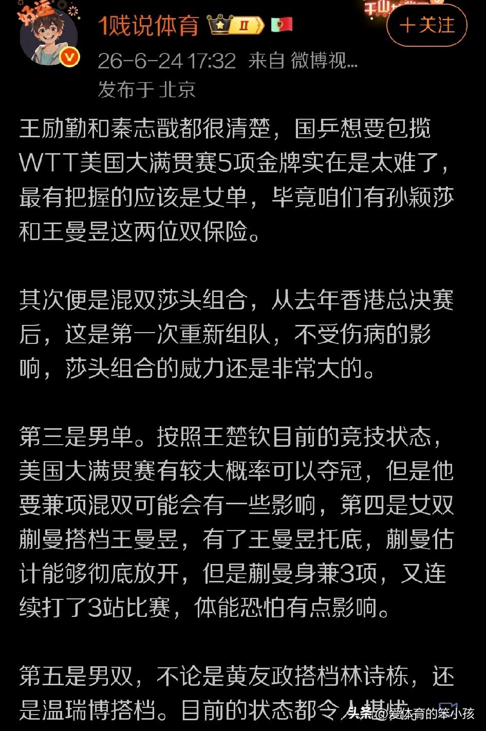 在WTT美国大满贯赛开始上演之际，很多球迷，包括一些比较资深的球迷就已经开始做出