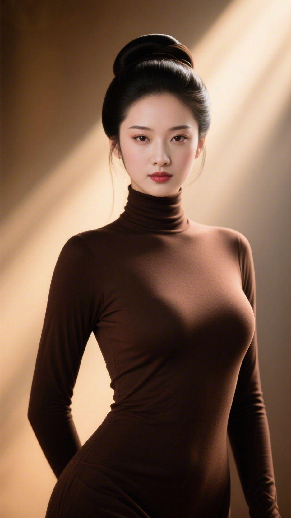 棕衫映光显雅致
 
暖金的光束斜切过浅棕背景，身着焦糖棕高领衫的身影立于光影之间