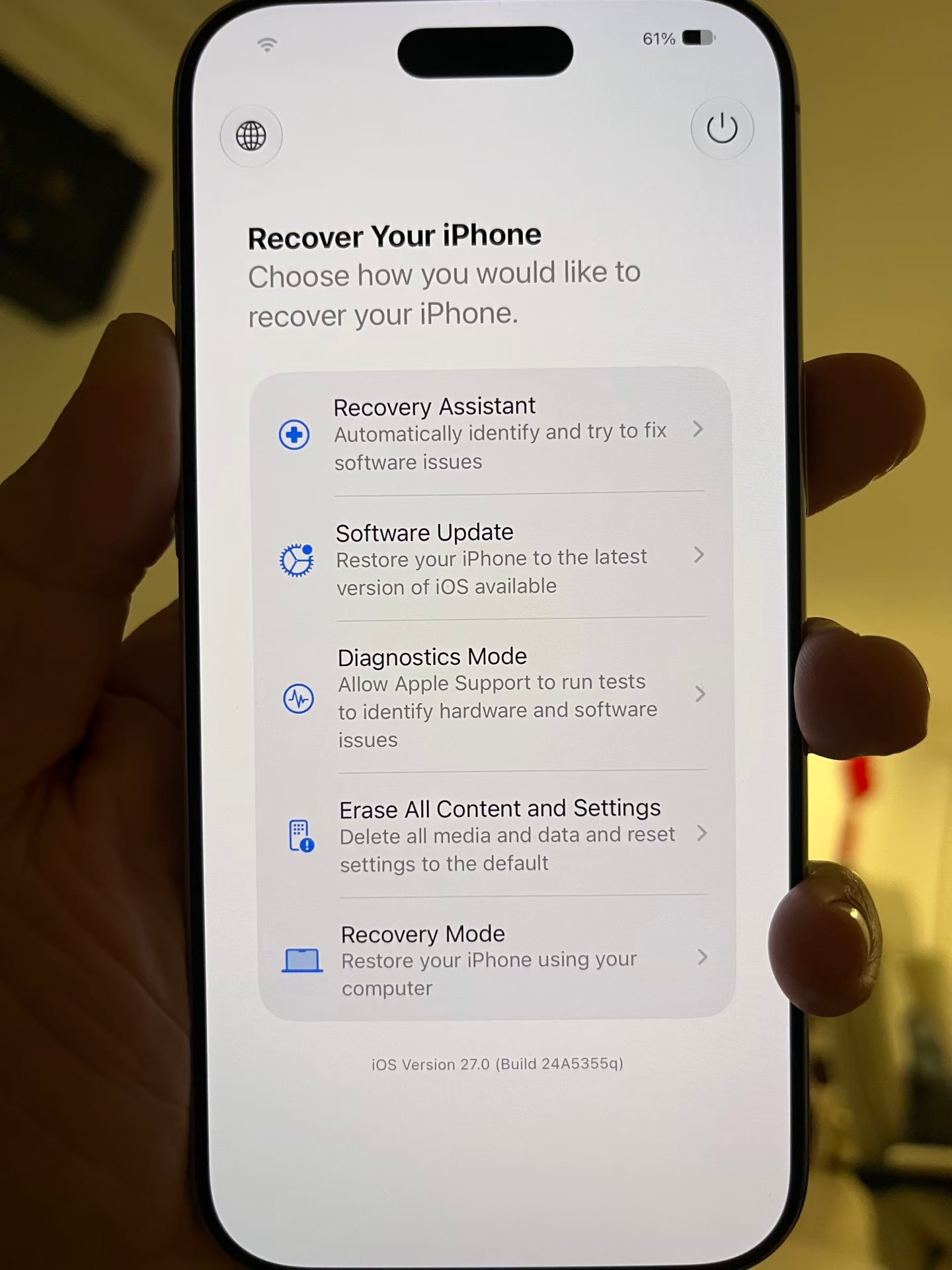 iOS27新增修复模式 这个功能还是比较实用的，通过实体按键快速进入修复界面，无