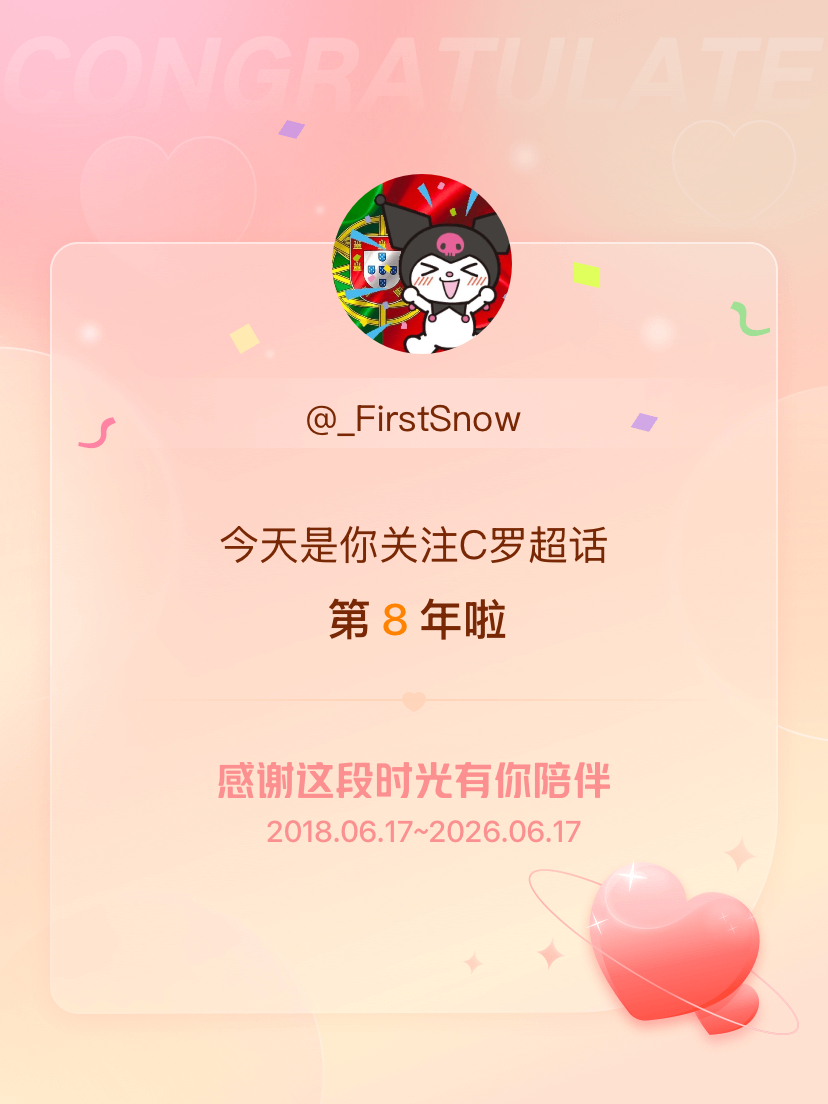 C罗今天是我关注超话的第8年，希望能继续伴你一路前行～ 
