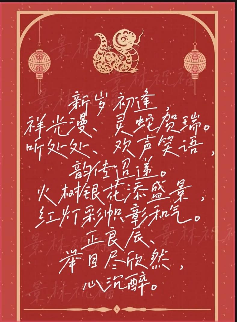 蛇年顺风顺水发大财！
新年快乐！
万事如意！
阖家幸福！
安康永远！
财源广进！