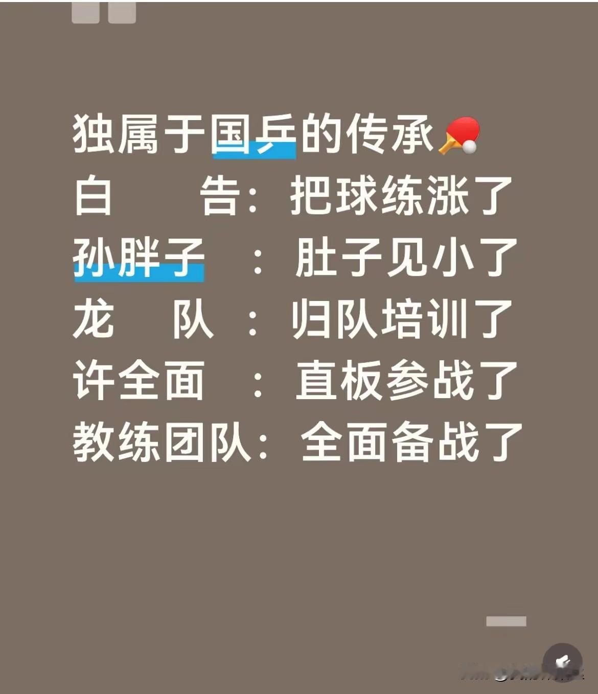 独属于国乒的浪漫传承:
孙逊:肚子变小了，图二
王皓:把球练涨了，图六，图七
龙