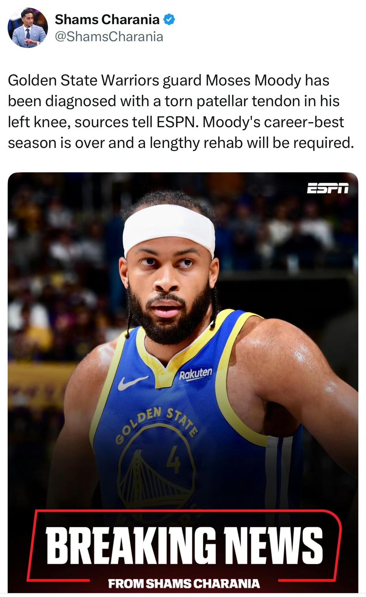 Shams：勇士球员穆迪经过核磁共振检查确诊为左膝髌腱断裂，赛季报销，并将进入漫