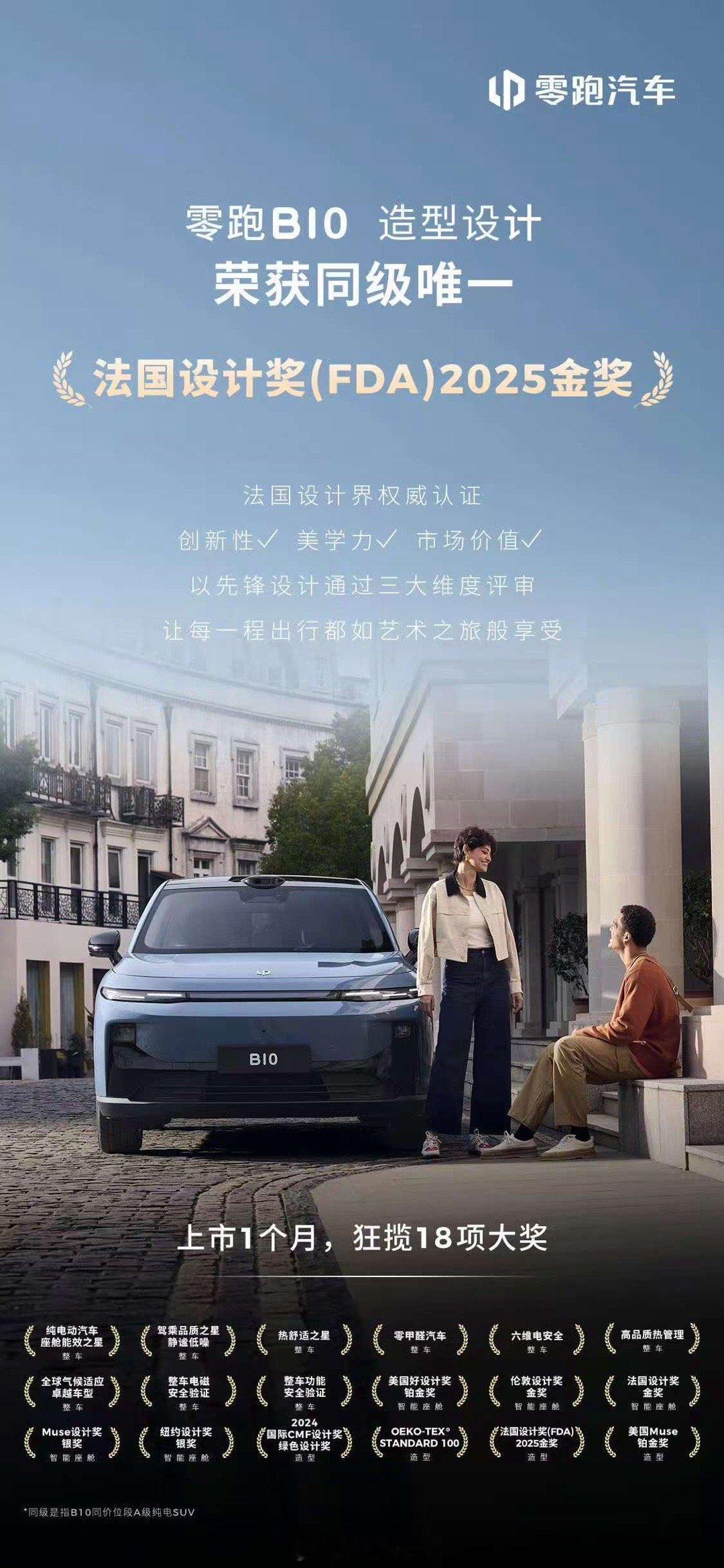 零跑B10凭借创新性、美学力以及市场价值，在造型设计上通过三大维度评审，荣获同级