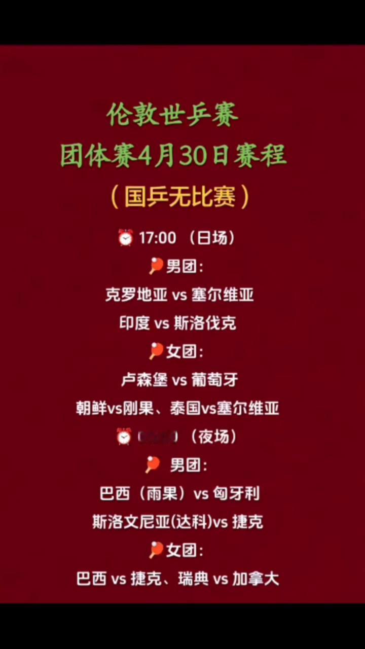 伦敦世乒赛团体赛4月30日赛程(国乒无比赛)。
·17：00(日场)：男团：克罗