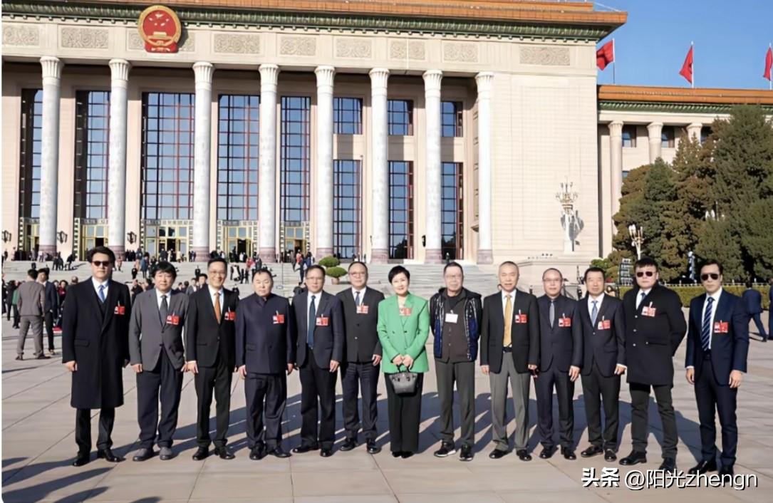 这张是政协委员的合影，画面里一眼能认出三位大家很熟的演员：帅气稳重的靳东、演技深