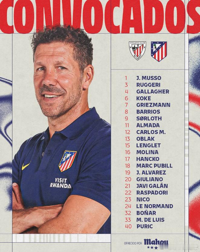 马竞客战毕尔巴鄂大名单门将:1-穆索、13-奥布拉克、33-德路易斯后卫:3-鲁