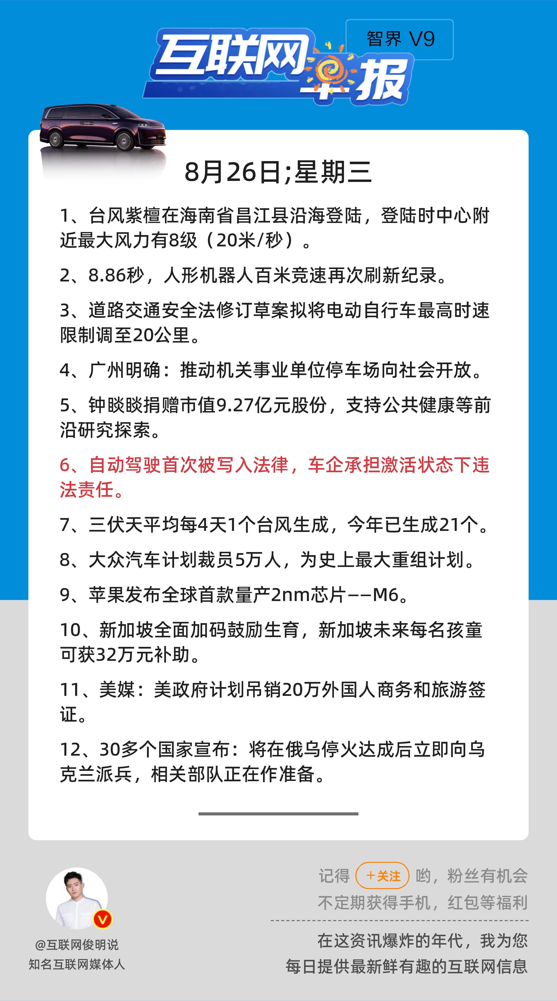 8月26日，星期三，《第3242期》；互联网早报，众览天下事关心第6条：自动驾驶
