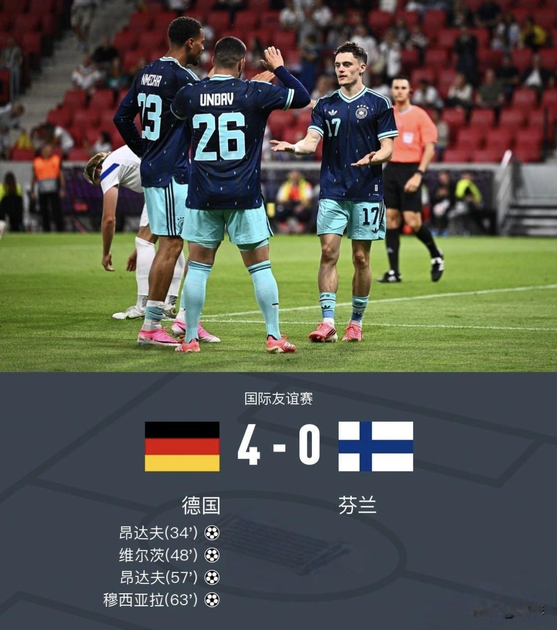 德国4球横扫芬兰，为世界杯征程定了很高的调子。

哈弗茨还未归队，昂达夫表现出色