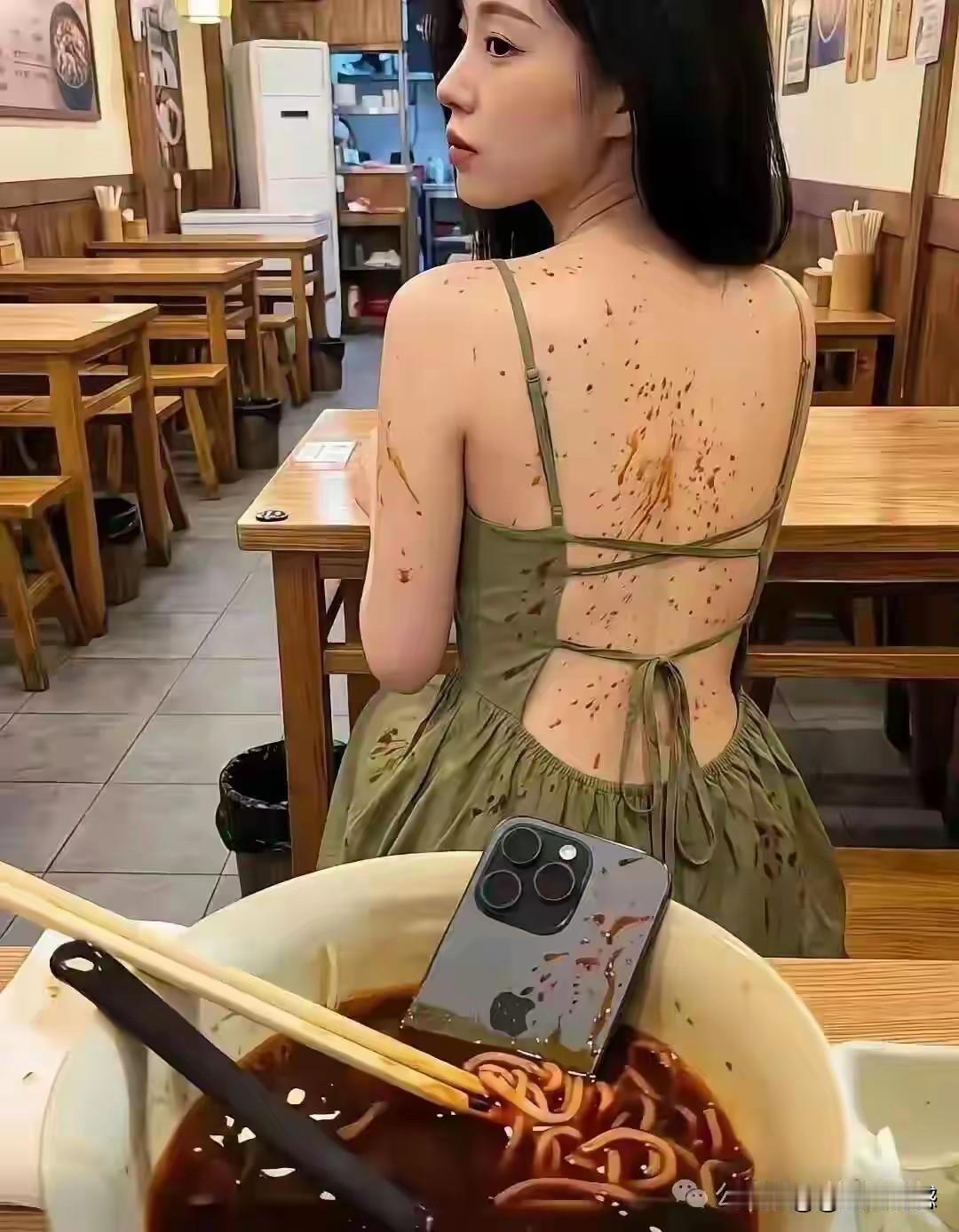 这不像是行为艺术，感觉像是在小吃部就餐时发生的一个小事故，根据这张照片显示的内容