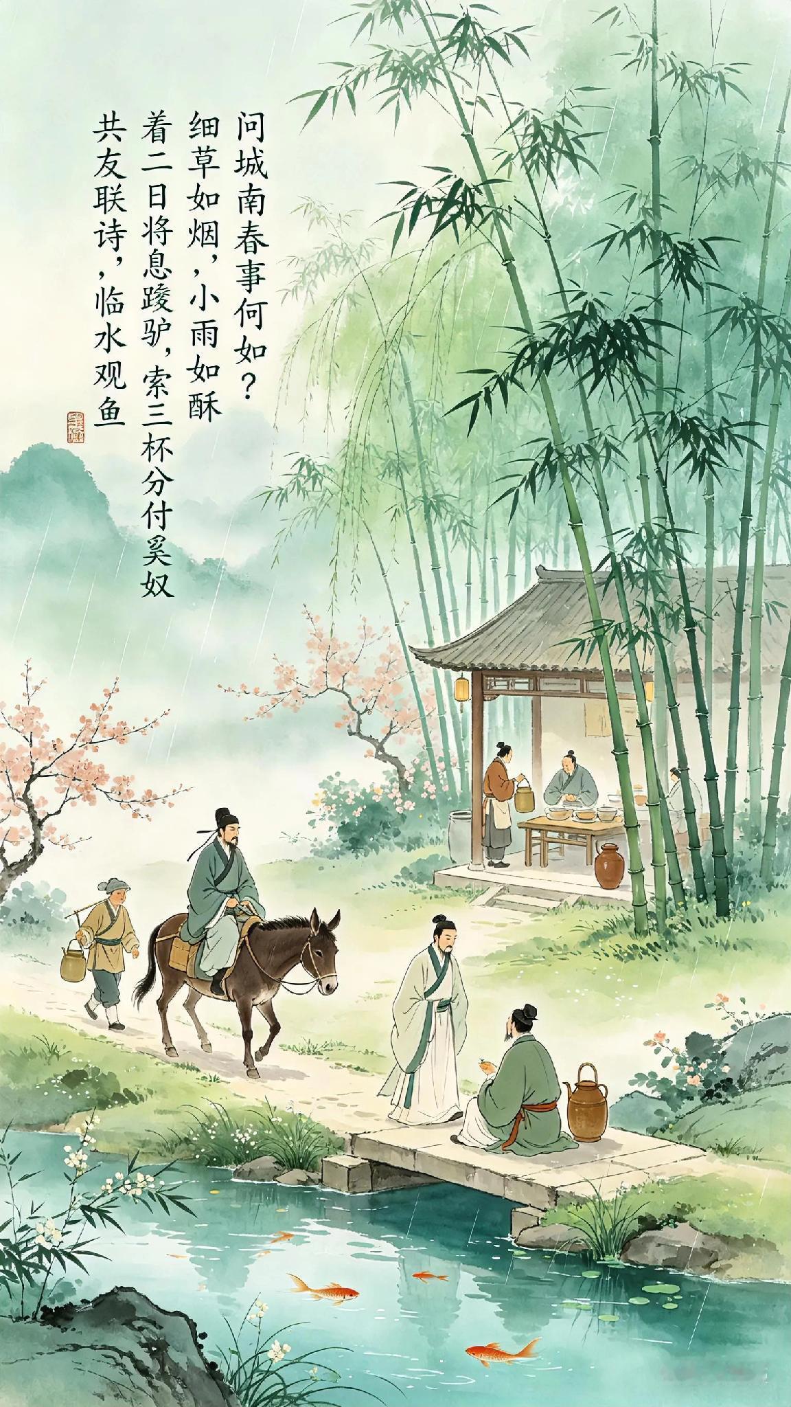 《双调》折桂令江头即事、曹德。
问城南春事何如？
细草如烟，
小雨如酥。
不驾巾