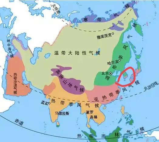 啊？原来朝鲜半岛有两种气候。
看地图，韩国南部其实属于亚热带季风气候，和我国南方