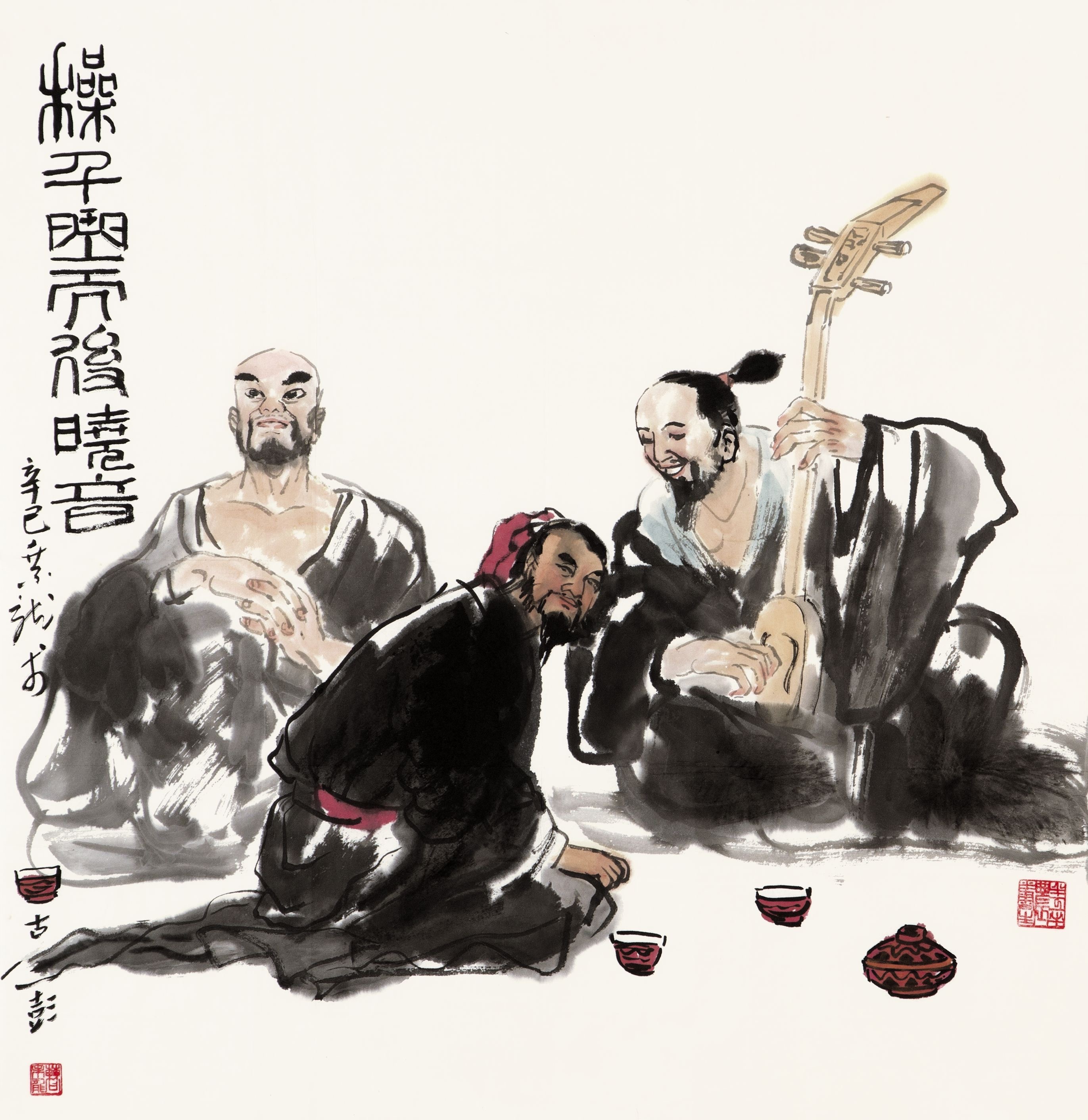 抚琴论道，高山流水古琴横陈，知音相聚。画作以写意之笔，捕捉了伯牙子期般的心灵交汇