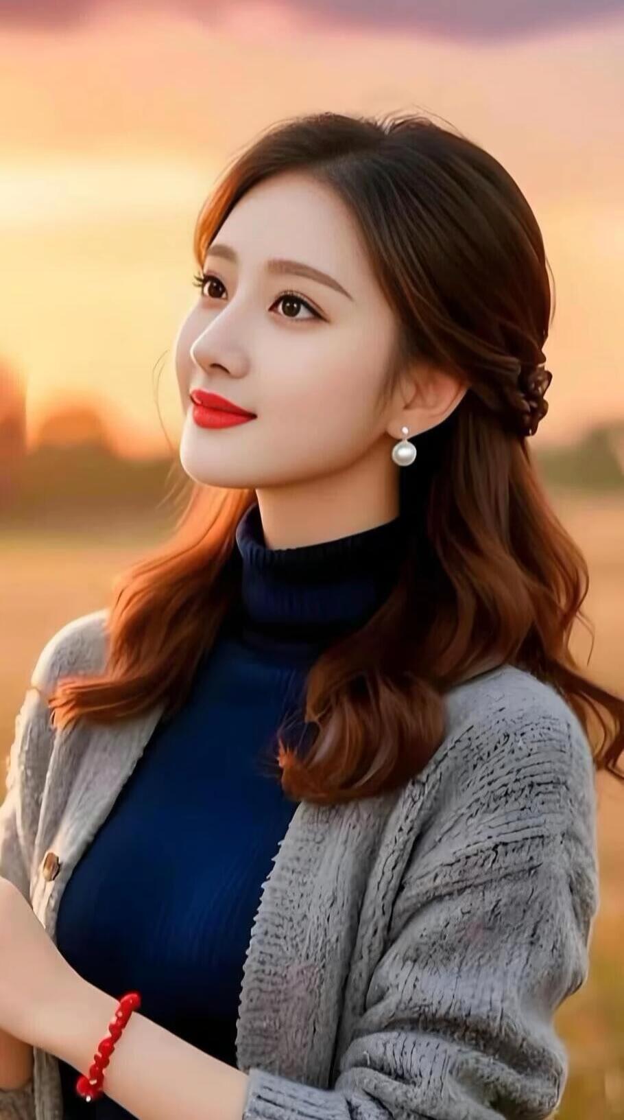 温柔晚霞下的优雅女子，红唇与珍珠耳环相映成趣。