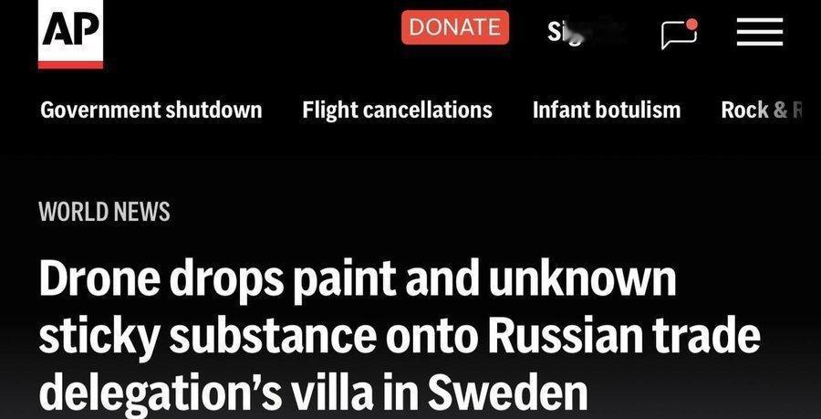 周六清晨，一架无人机飞越俄罗斯贸易代表团位于斯德哥尔摩郊外一座岛屿上的别墅，向别