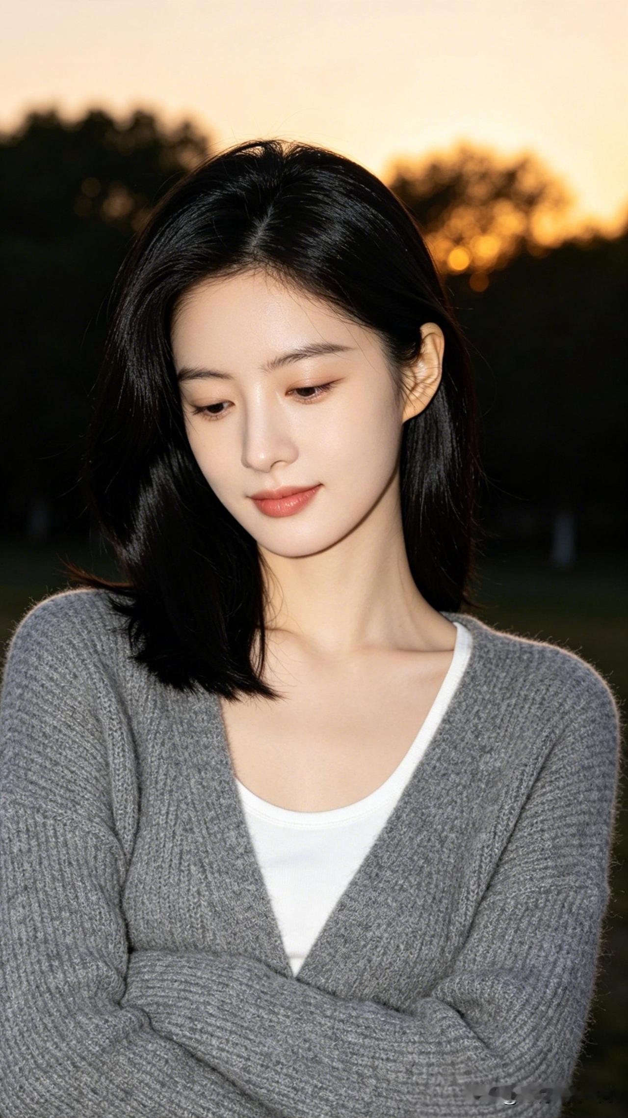 黄昏下的温柔少女，静谧而美好。