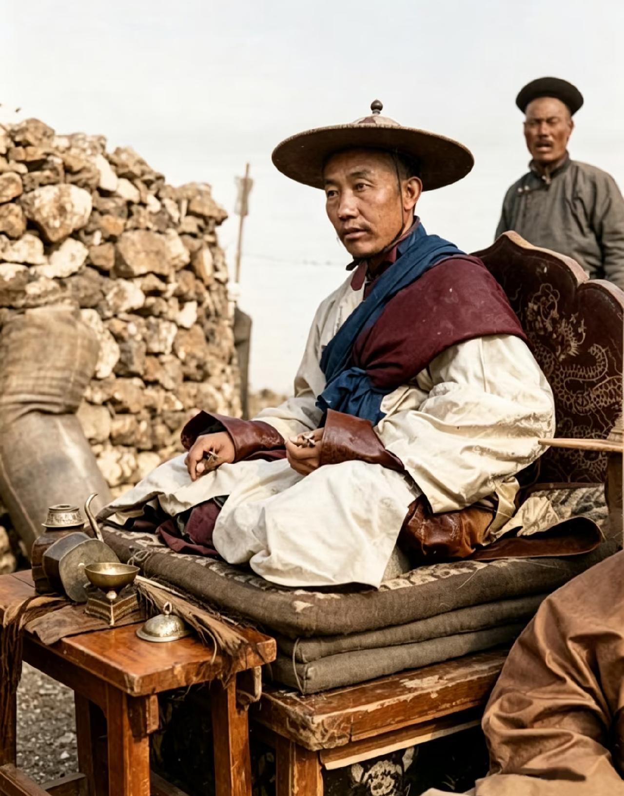 1914年，内蒙古察哈尔敖包大会，蒙古王公和他的侍卫们。只见士兵穿着蒙古袍，腰间