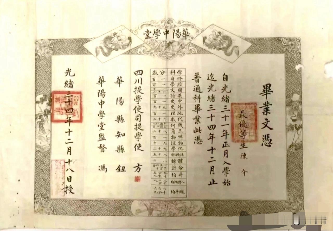 这是一张清朝末年的毕业文凭（毕业证书）。它记录了一位名叫陈介的学生，在清代四川的