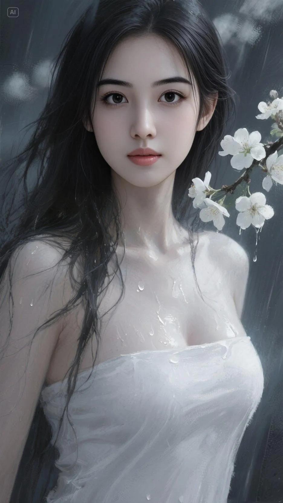雨中少女，樱花相伴，唯美如画街拍 高清美女