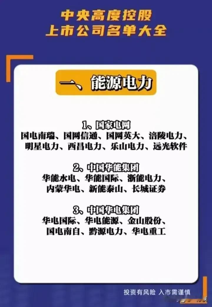 中央高度控股，上市公司名单大全。
迎接牛市第二轮上涨行情，收藏研究！