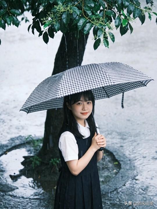 梅雨时节，他总在公司楼下看见那把藏青格子伞。
 
伞下是个沉默的姑娘，每次都等在