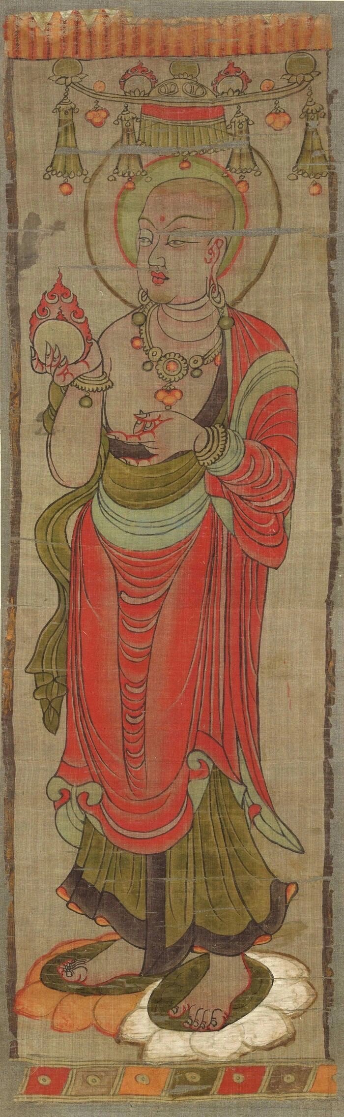 敦煌藏经洞唐代绢画《地藏菩萨立像幡》绢本设色，尺寸：90.2 x 27.3 cm