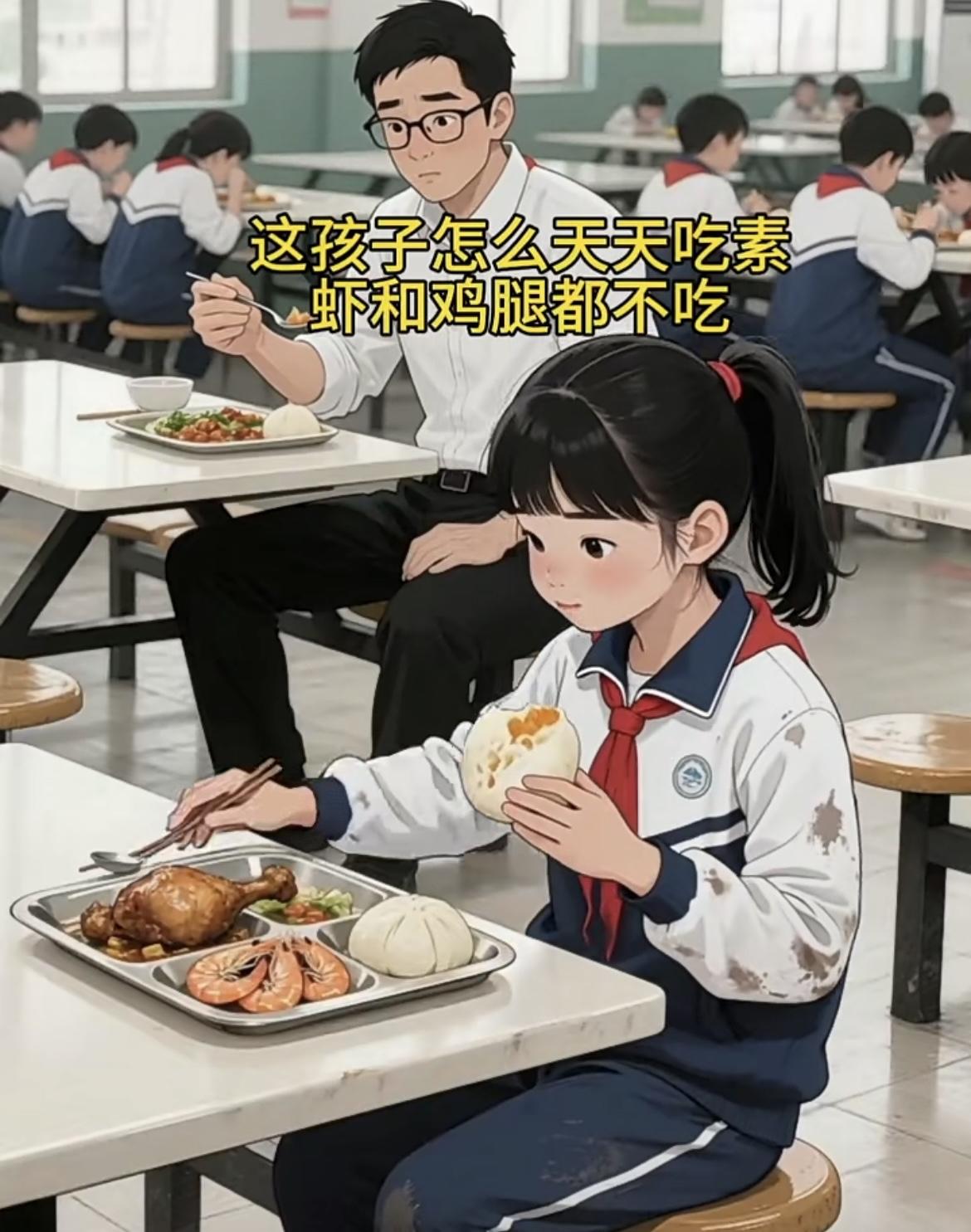 “ 懂事的女孩每天在学校食堂只吃素，将鸡腿和虾都留下来，原来都留给了妈妈....