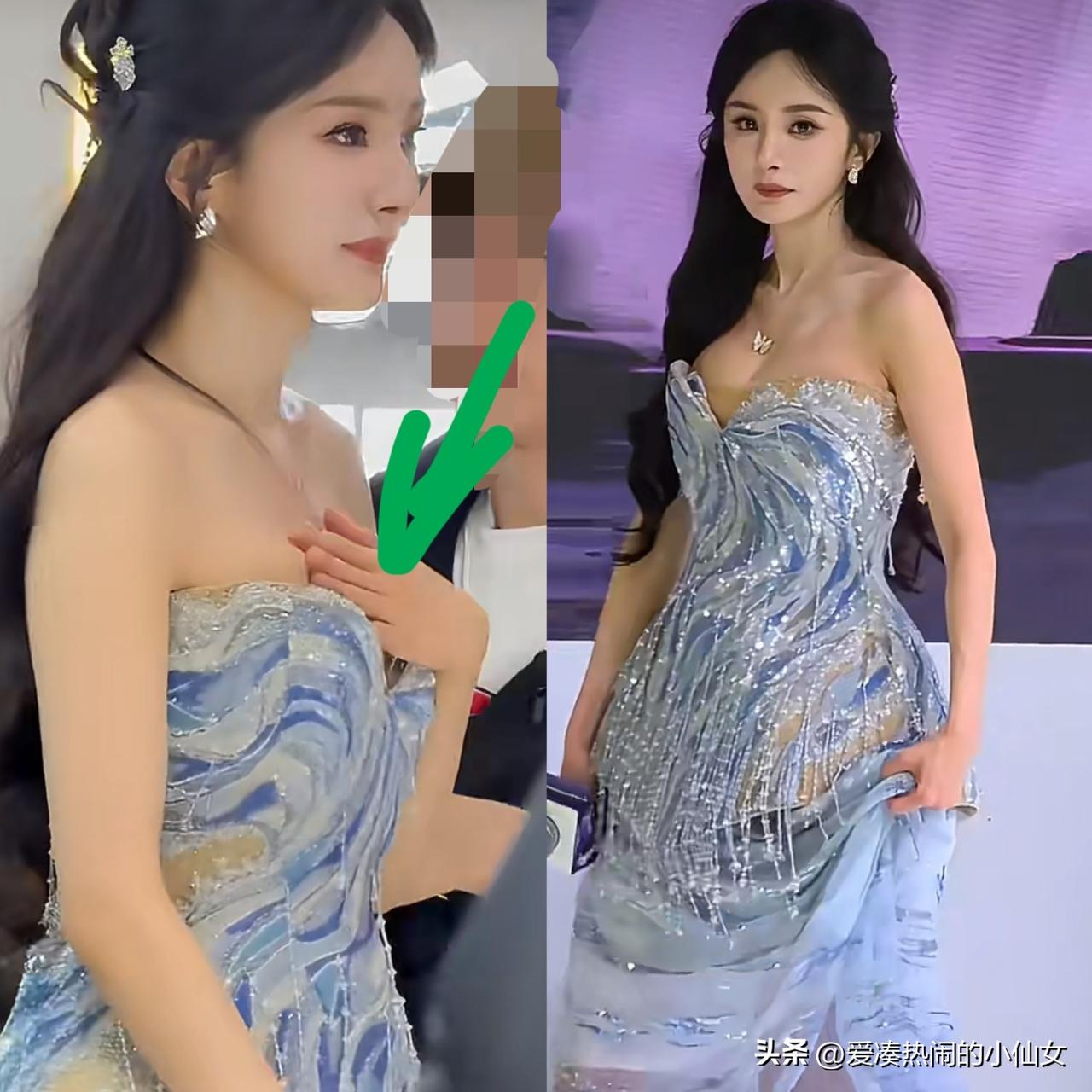 这一夜，杨幂穿低胸礼服尴尬捂胸口，脖子前倾显疲惫！
要说杨幂真的是劳模，接连几天