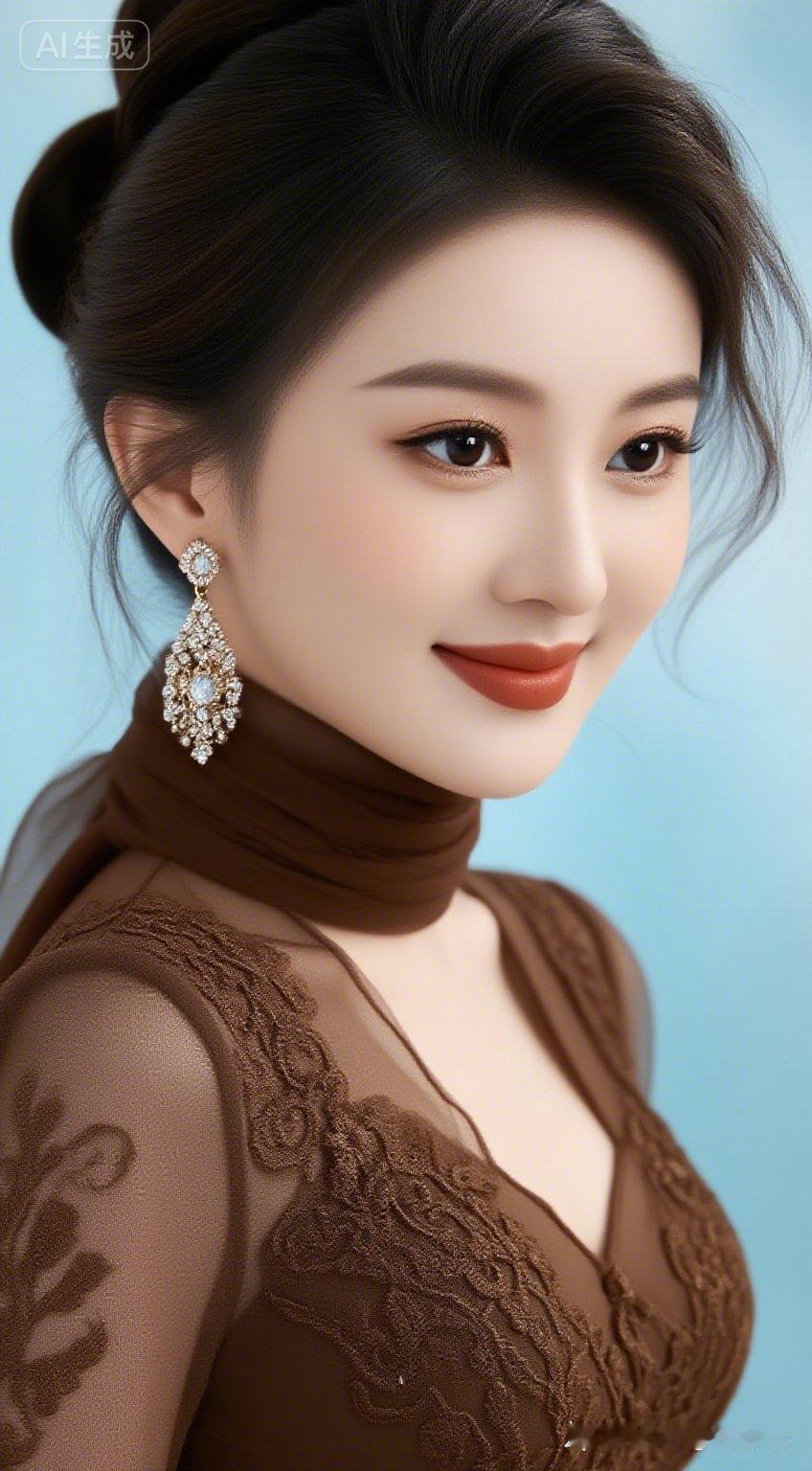 优雅复古风，棕色蕾丝连衣裙，精致耳饰，尽显女性魅力。