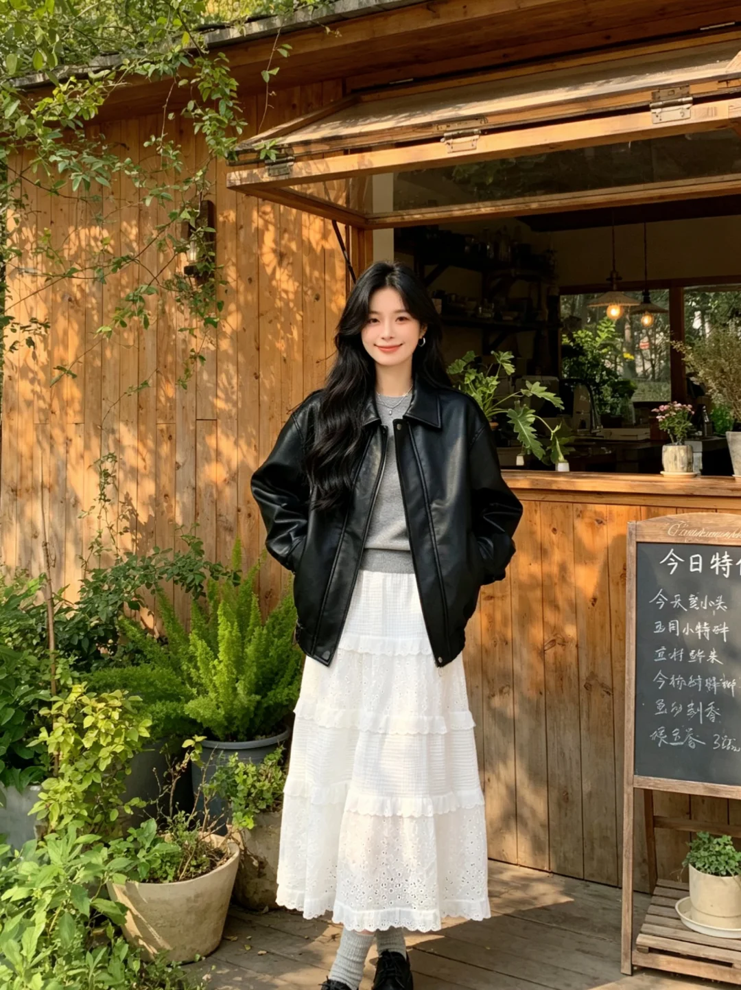 谁懂啊！皮衣+白裙的韩系感！