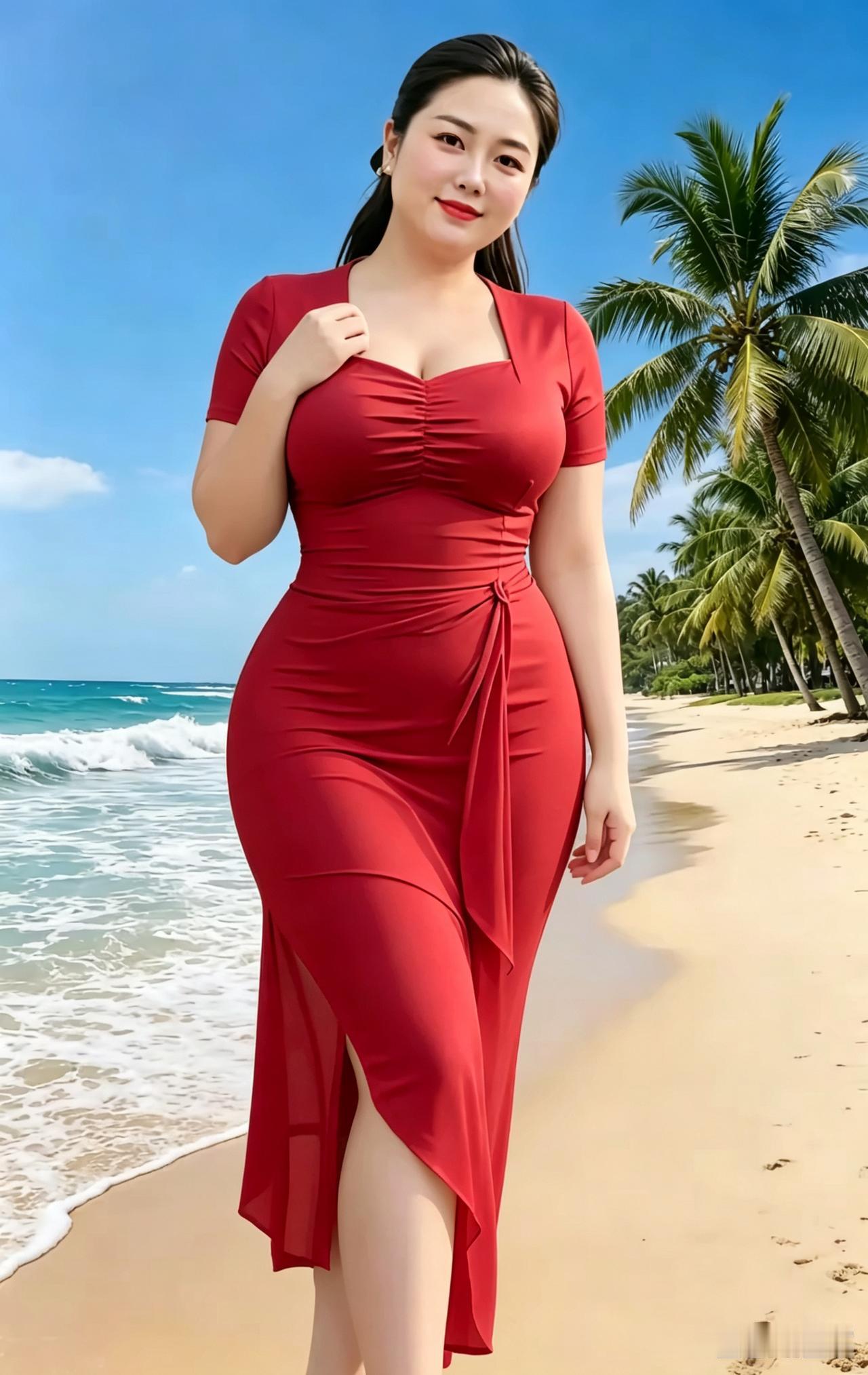 海滩丽姿
 
碧海蓝天浪花开，
椰树排排立沙滩。
一身浅红衣裙穿，
步态从容气色