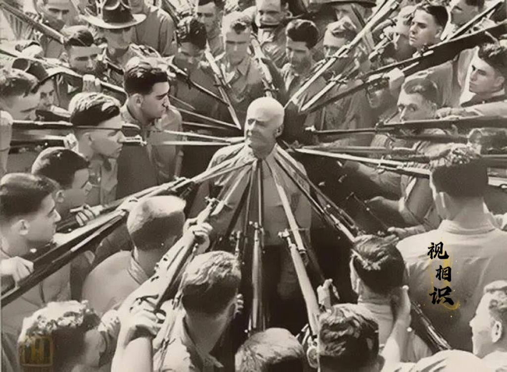 1943年，一群美军正手持刺刀，全部围着对准了一位老人的颈部，而老人的表情很是镇...